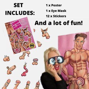 NEW Party Favors Set Games and Supplies Pin Stick The Junk on The Hunk Poster